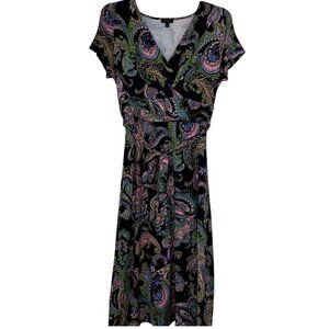 Talbots Dress Womens Small Blue Paisley Faux Wrap Short Sleeve Jersey Knit Midi